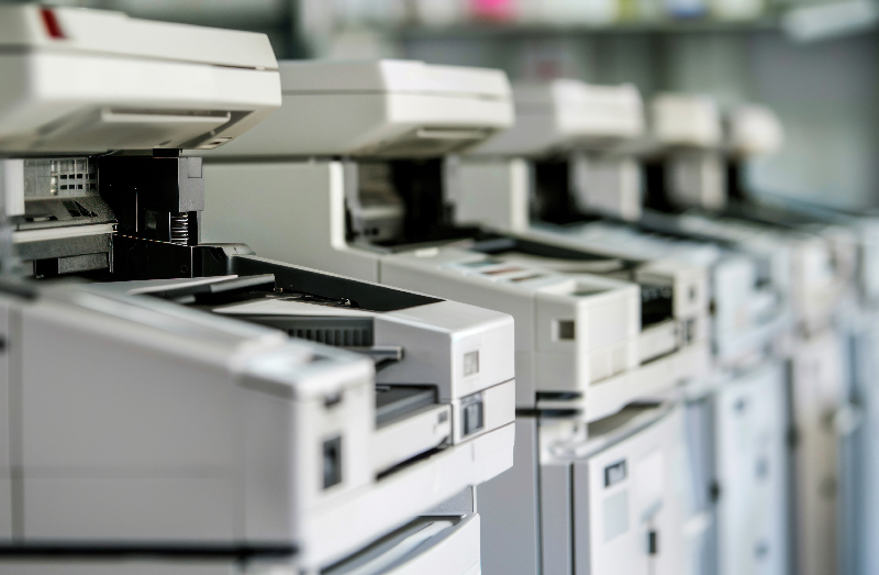 Modern photocopier machine in a bright Abu Dhabi office setting, available for rental.